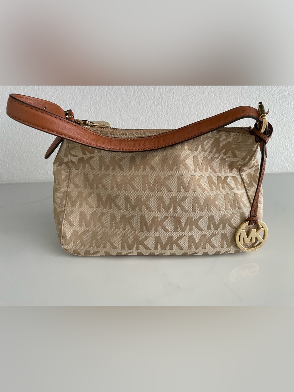 Michael Kors Beige Logo Mini Shoulder Bag with Brown Leather Strap